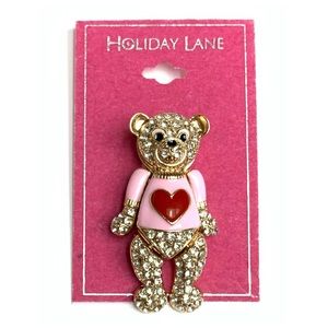 NWT HOLIDAY LANE Gold Tone Glass Stone Coated Enamel Articulated Bear Pin